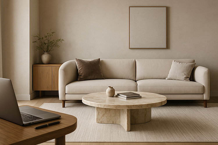 Marble coffee table in a refined living room with sofa, side cabinet, and warm neutral finishes
