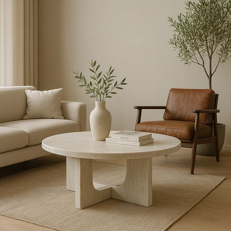 Marble coffee table in a refined living room setting with sofa, lounge chair, and greenery