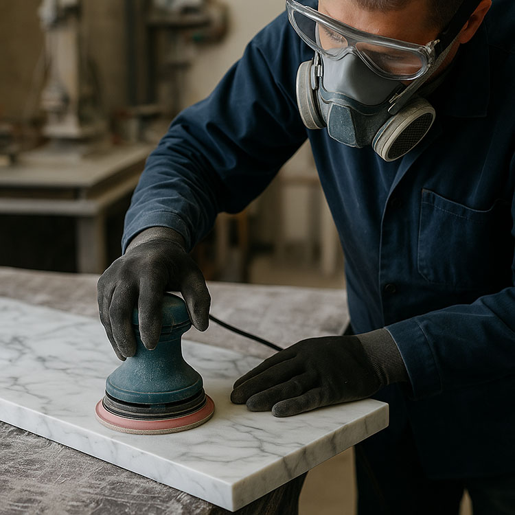 Craftsman finishing a marble tabletop surface in the workshop