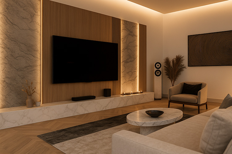 Living room interior with marble and wood TV wall, warm lighting, and marble coffee table