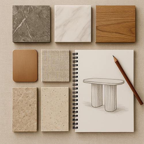 Marble, wood, fabric, and finish samples beside a furniture design sketch