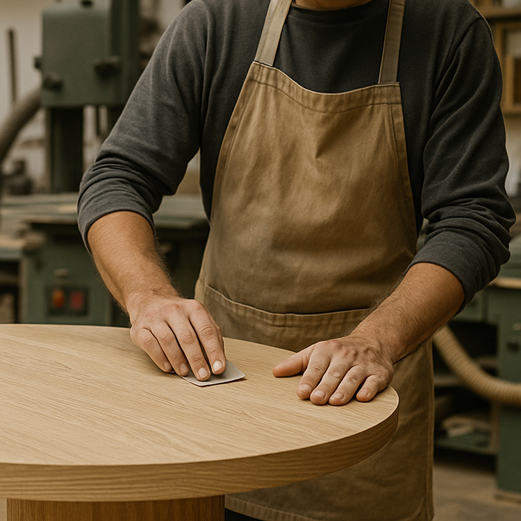Craftsman sanding a rounded wooden tabletop in the workshop